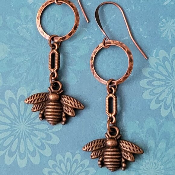 HONEY BEE Copper Charm Earrings Brass Hook Ear wires Bumble Bee, Insect - Picture 10 of 10